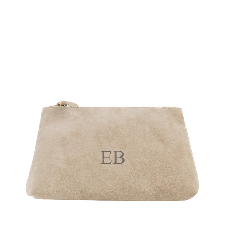 Beige suede clutch bag with EB monogram and zipper closure