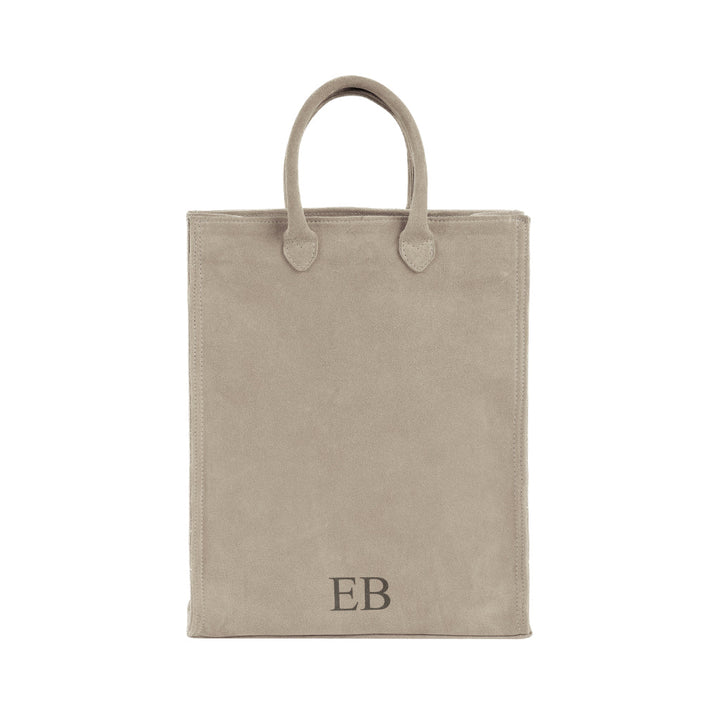 Beige suede tote bag with handles and monogram EB on the front