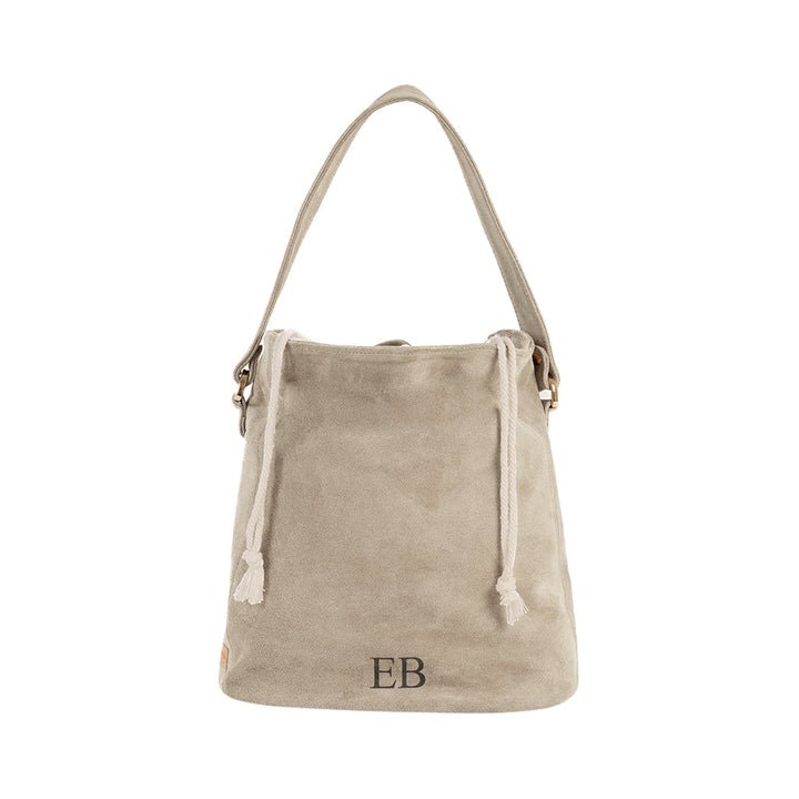 Beige suede bucket bag with drawstrings and EB monogram