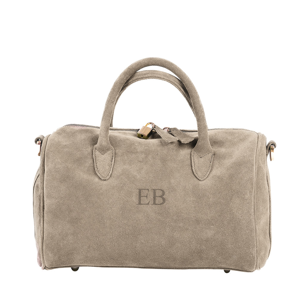 Beige suede handbag with initials EB and gold hardware