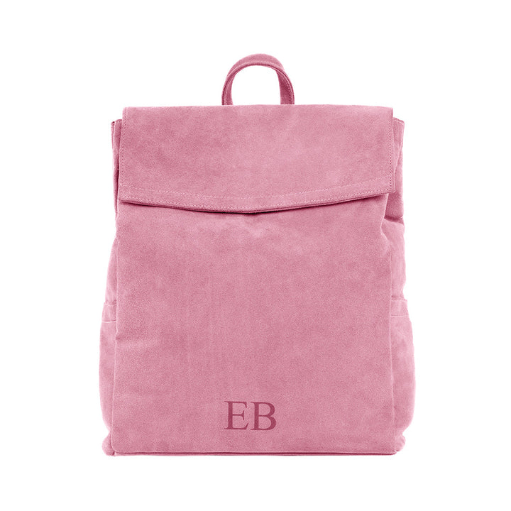 Pink suede backpack with flap closure and EB monogram