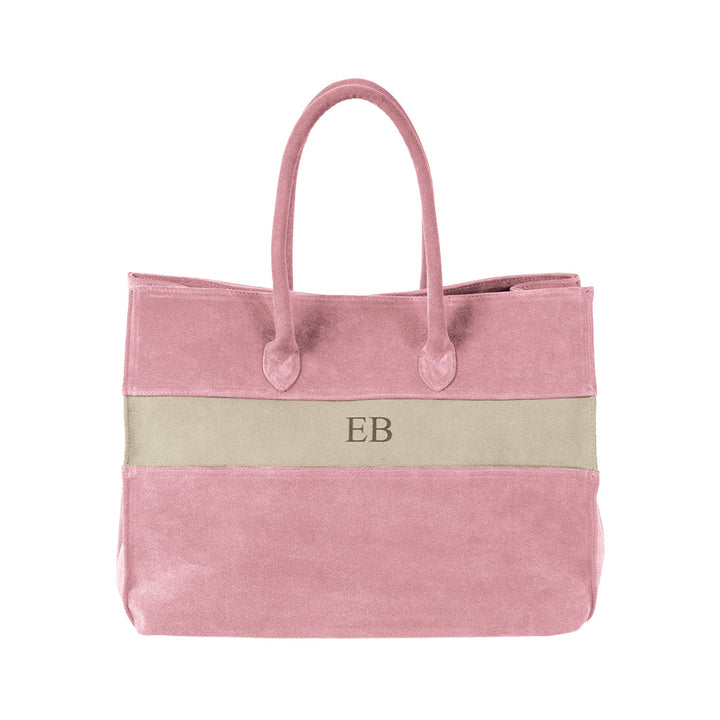 Pink suede handbag with beige stripe and monogram EB on front