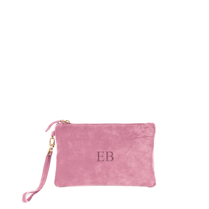 Pink suede wristlet pouch with zipper closure and EB monogram
