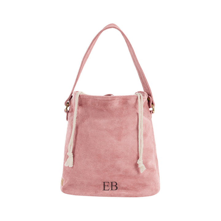 Pink suede bucket bag with drawstring closure and EB monogram