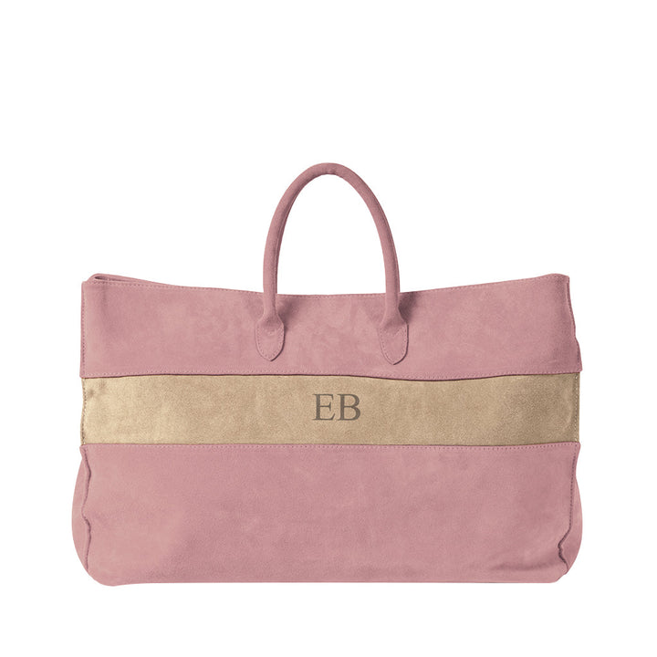 Pink suede tote bag with beige stripe and initials EB embroidered