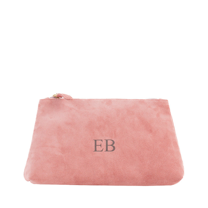 Pink suede pouch with gold zipper and embroidered initials EB