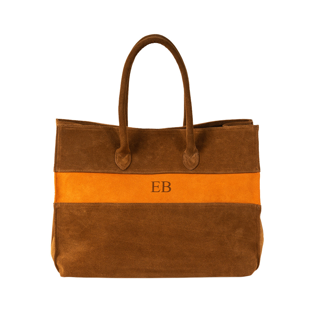 Brown and orange suede tote bag with initials EB on front