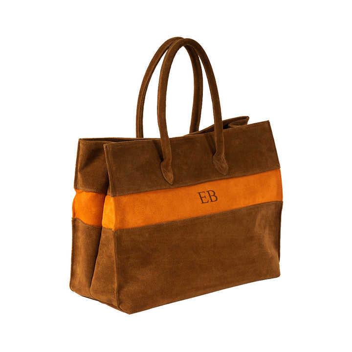 Brown suede handbag with orange stripe and embroidered initials EB on the front