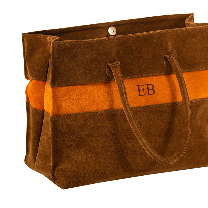 Brown and orange suede tote bag with handles and EB monogram