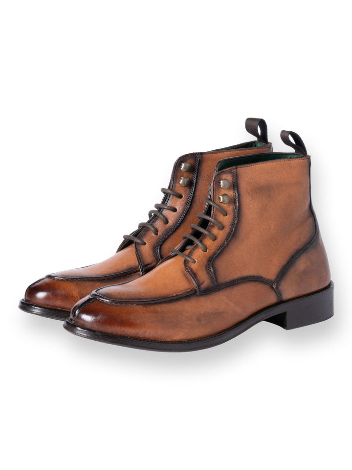 Brown leather lace-up men's dress boots with polished finish