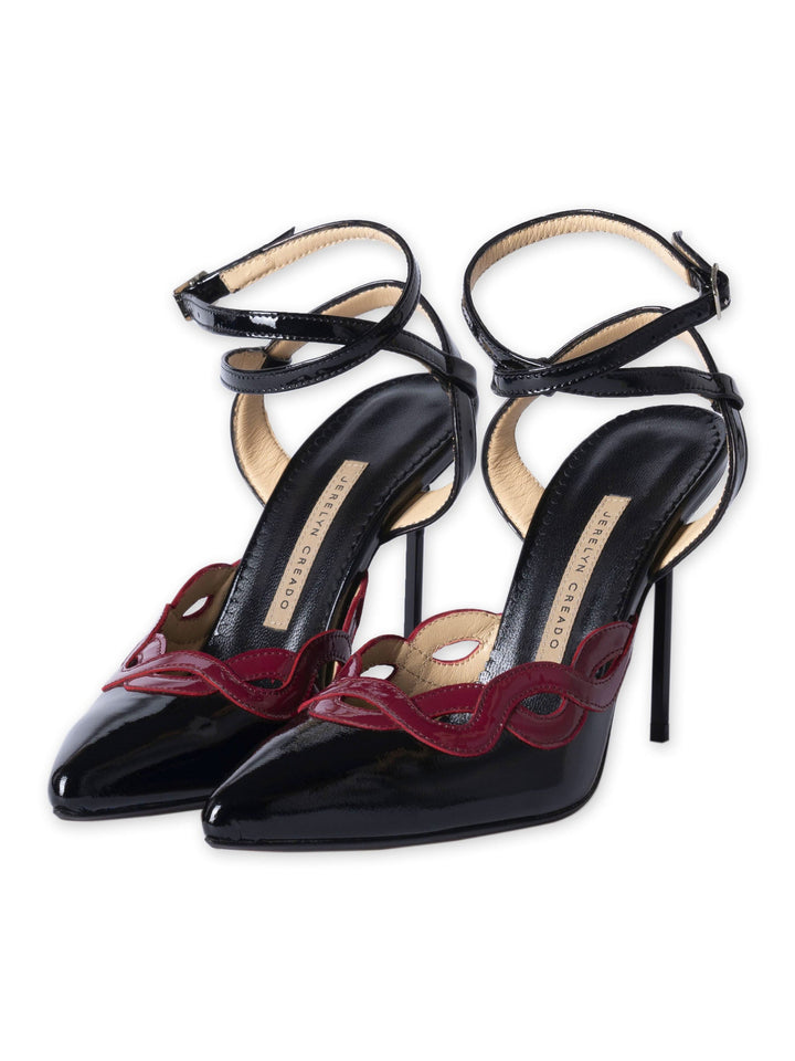 Black and burgundy high-heeled shoes with ankle straps and wave design