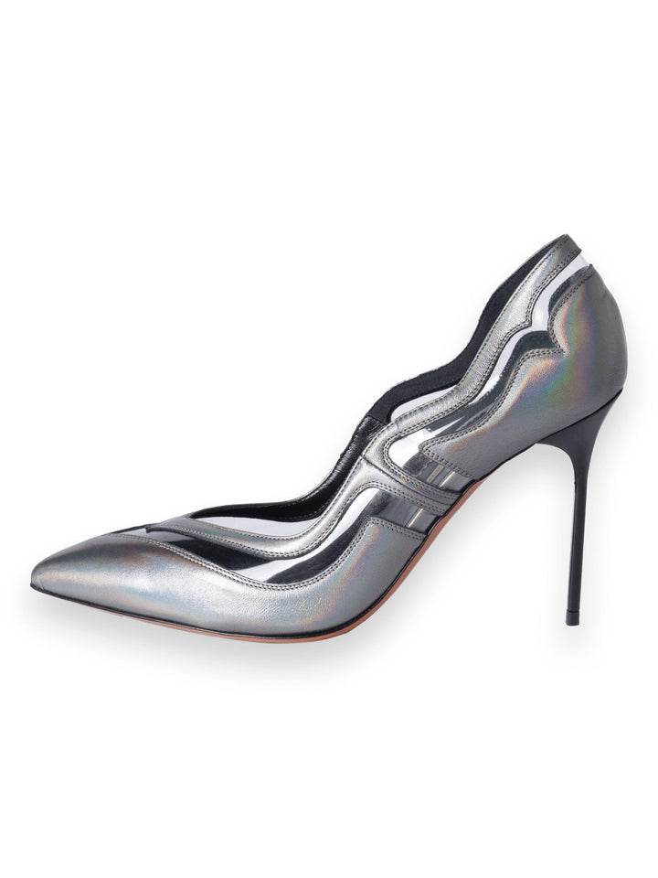 Metallic silver high heel stiletto shoe with wavy design