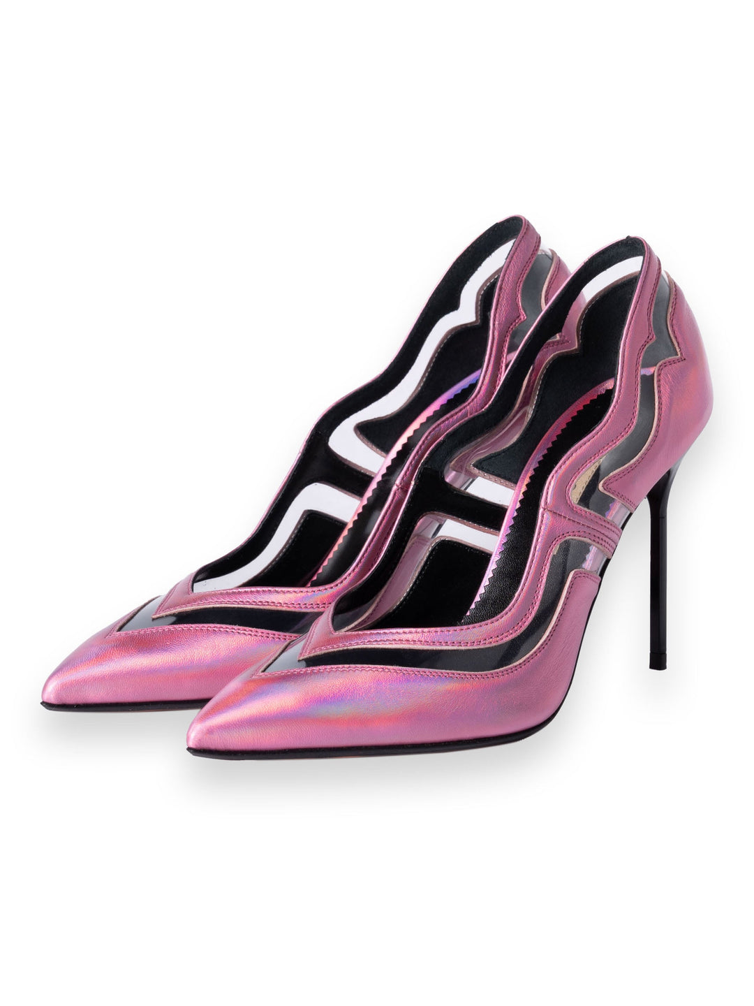 Pink stiletto high heels with wavy cutout design and pointed toes