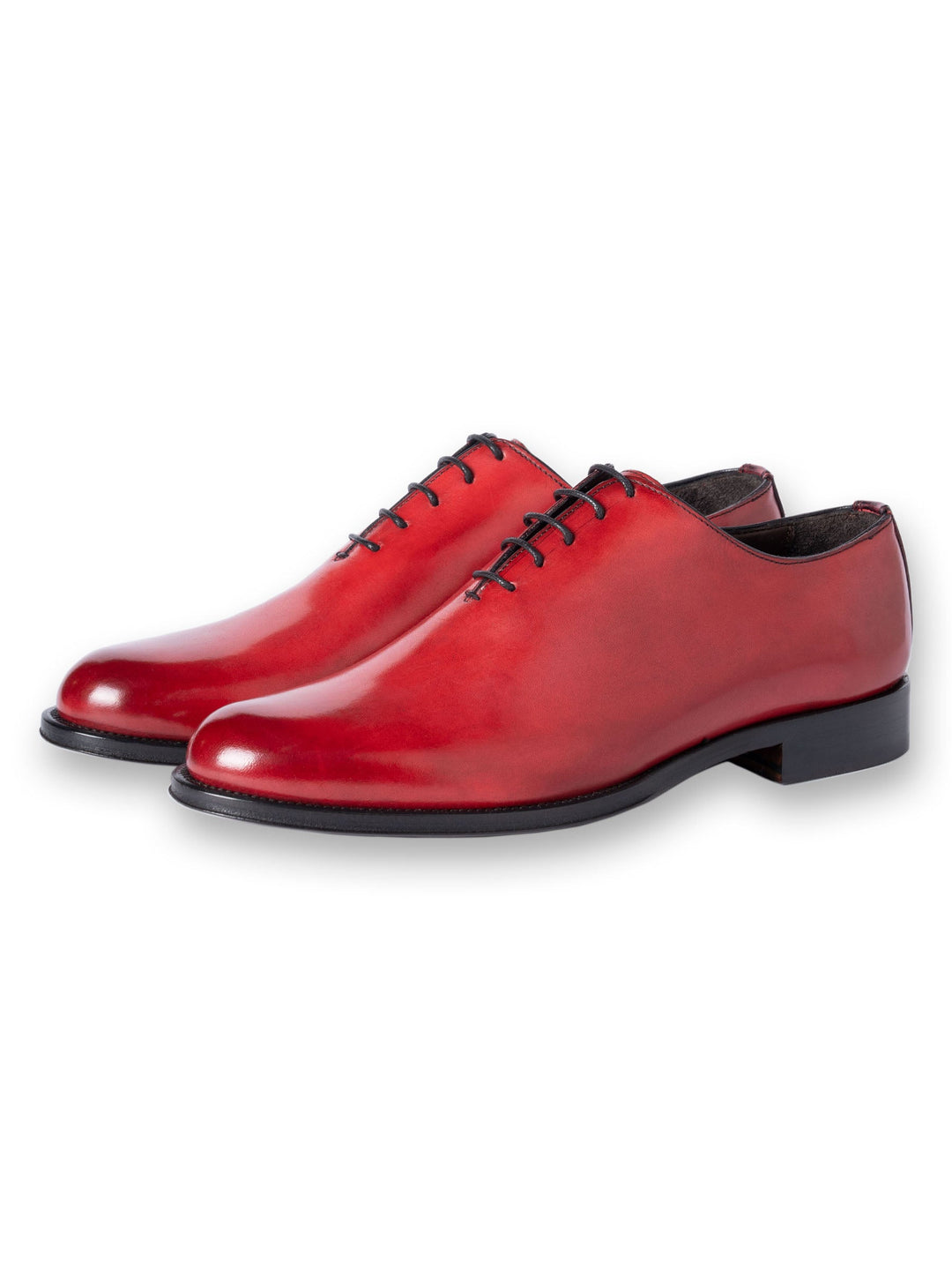 Red leather dress shoes with black laces and low heel