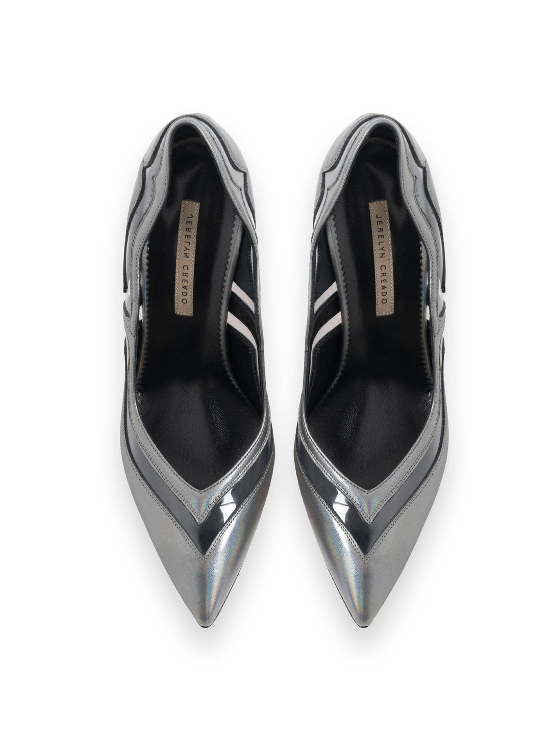 Silver pointed-toe high heels with reflective finish and brand label inside