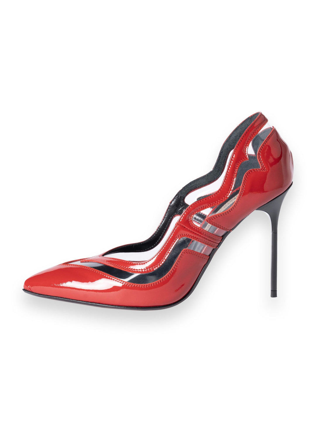 Glossy red stiletto heel with wavy cut-out design and pointed toe