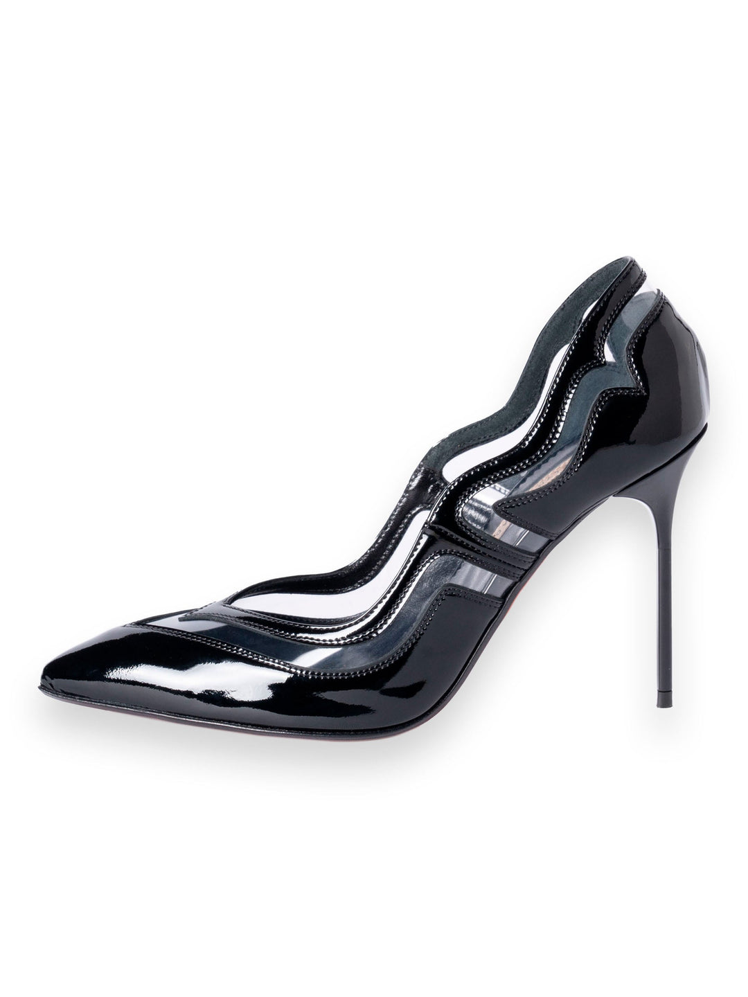 Black patent leather high heel stiletto pump with unique wave design