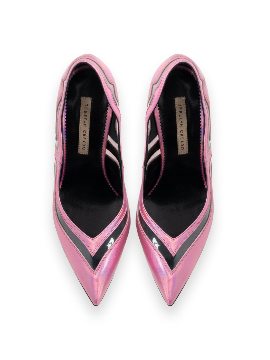 Pink and black high-heeled pointed toe shoes with designer labels