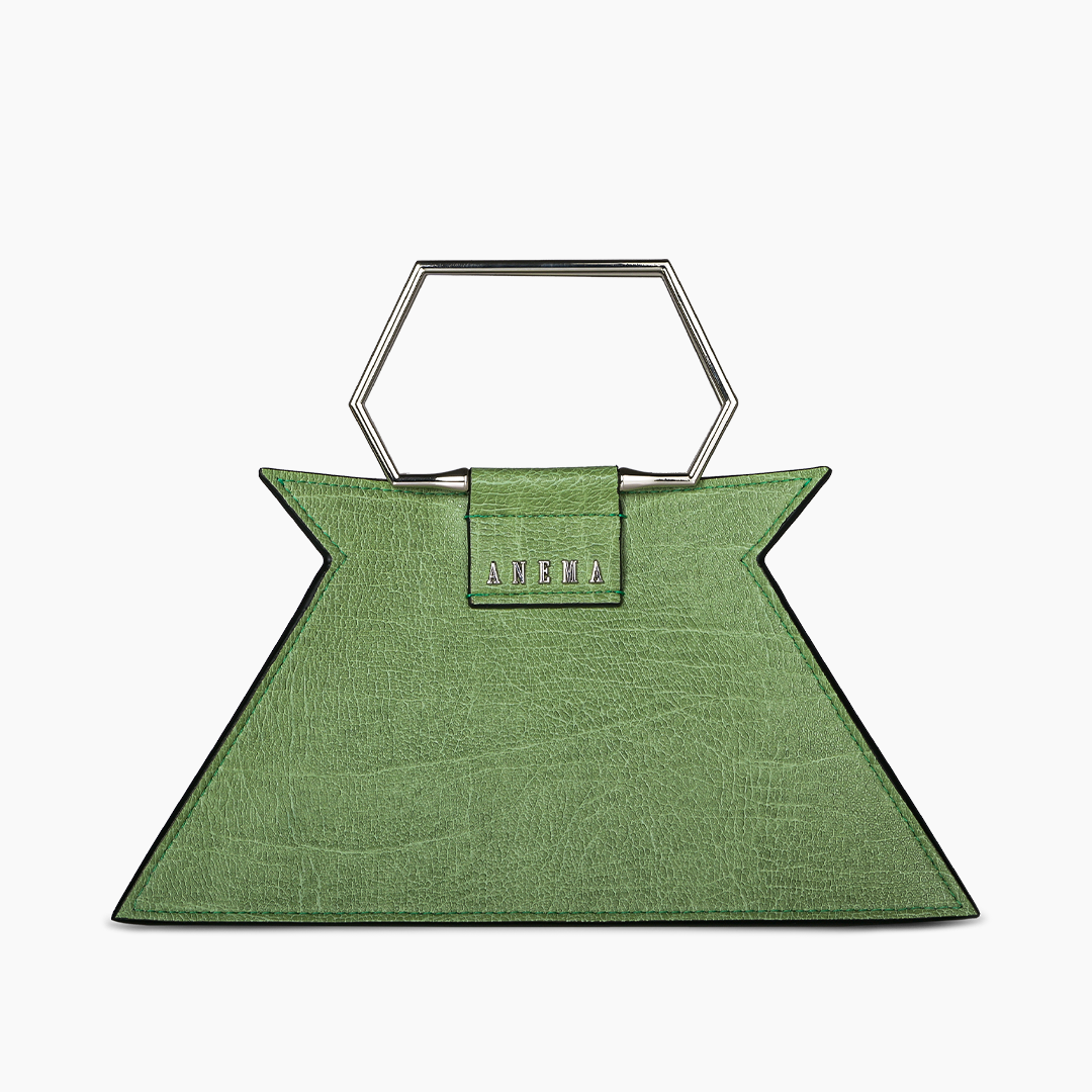 Green geometric handbag with a hexagonal handle and silver brand logo