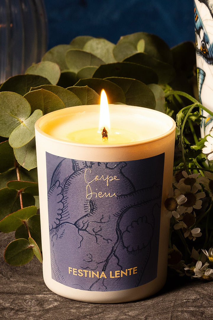 Lit candle with blue Carpe Diem label surrounded by greenery and flowers