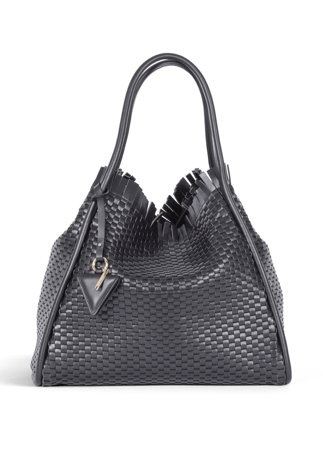 Woven black leather handbag with structured handles and gold-tone clasp detail