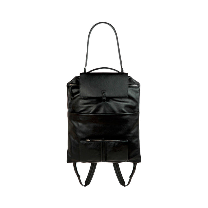 Black leather backpack with multiple compartments and adjustable shoulder straps