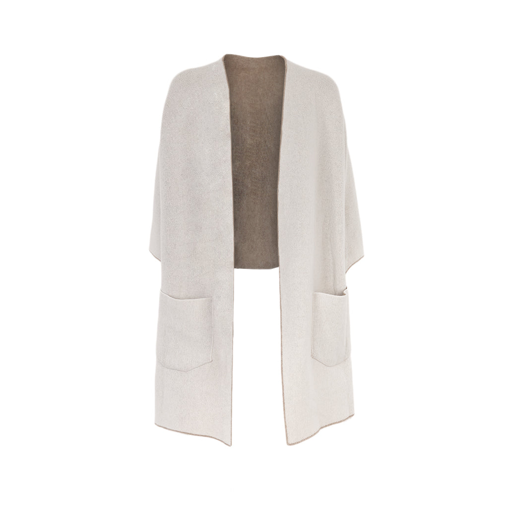 Beige open-front cardigan with two front pockets