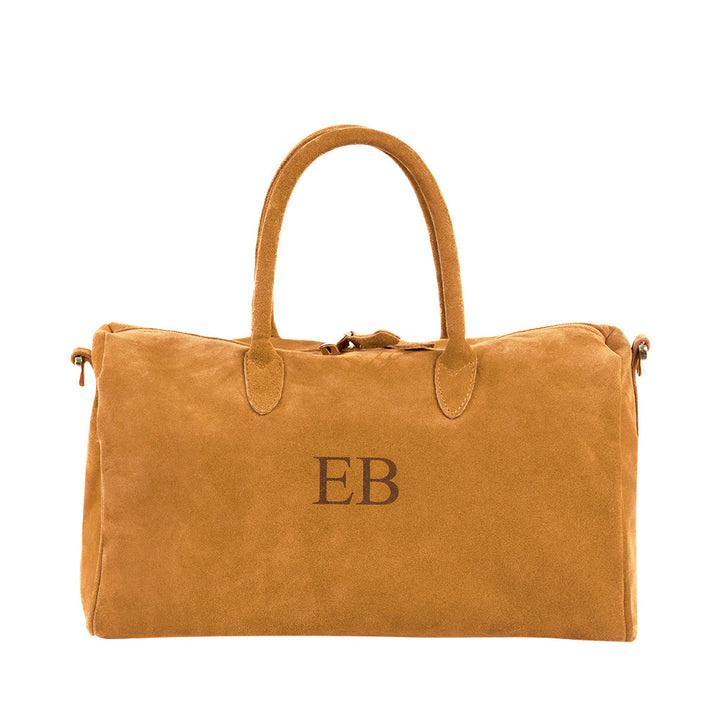 Monogrammed brown suede handbag with initials EB and top handles