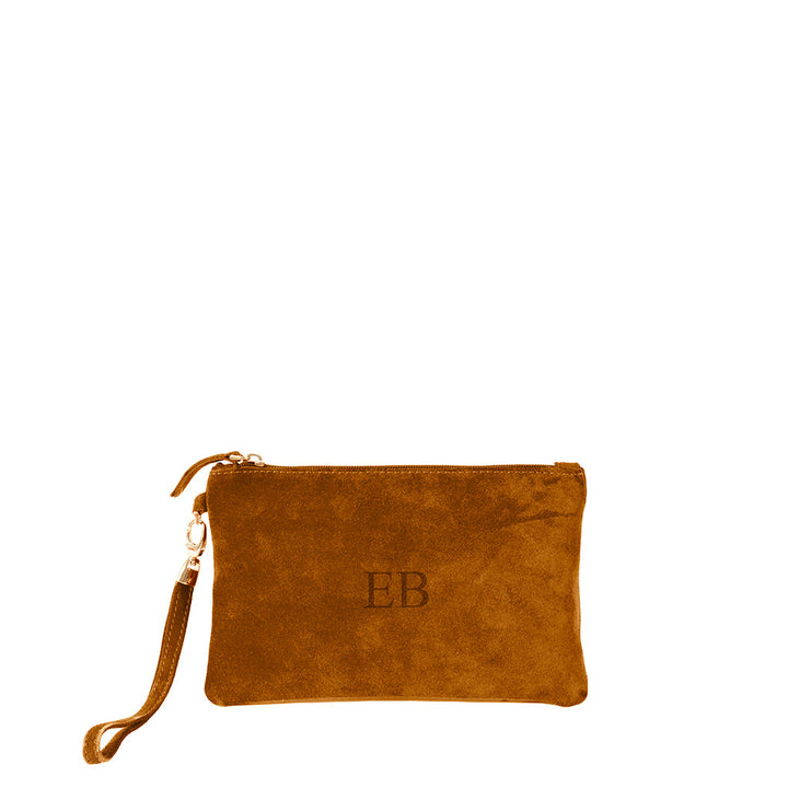 Brown suede wristlet clutch with EB initials and a gold zipper