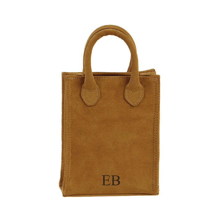 Brown suede tote bag with stitched handles and 'EB' initials