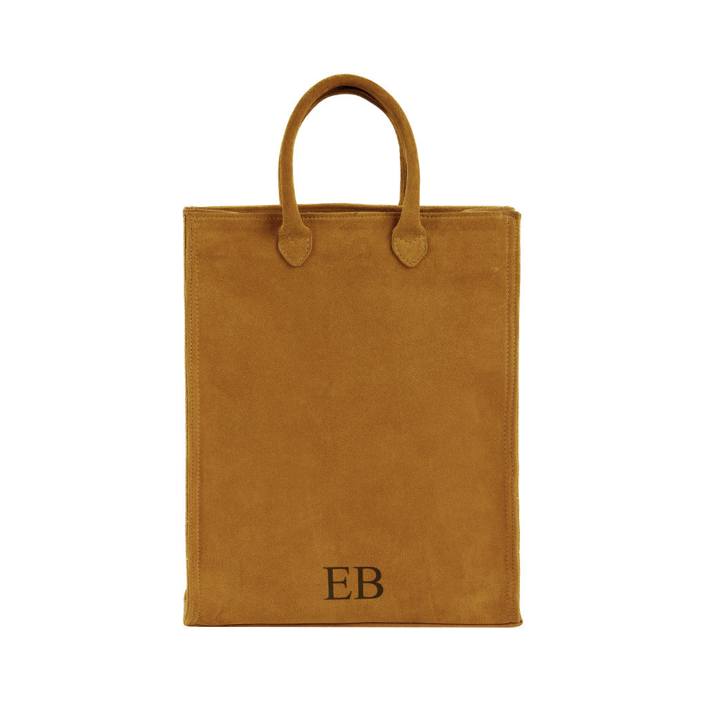 Brown suede tote bag with initials EB on the bottom center