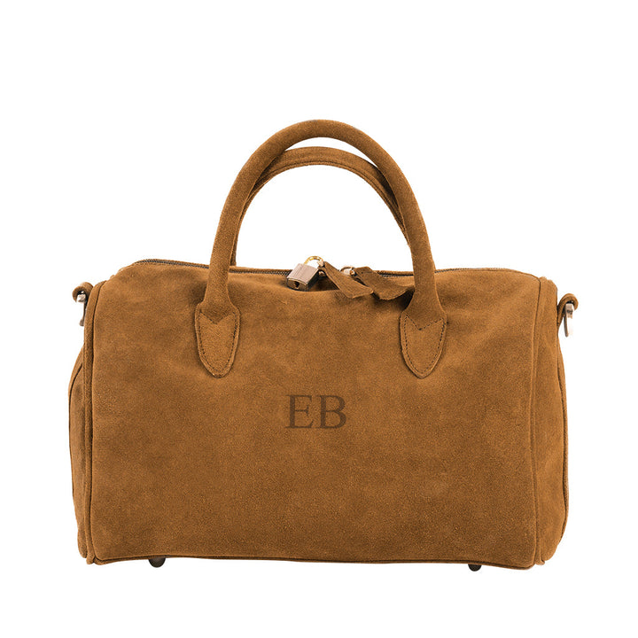 Brown suede handbag with monogram EB and top handles