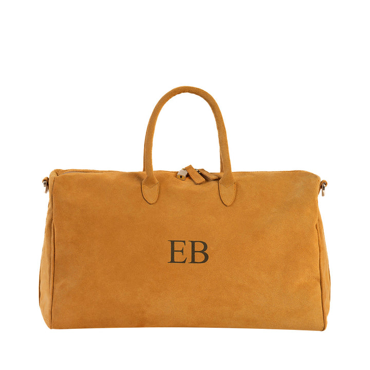 Tan leather duffel bag with monogram initials 'EB'