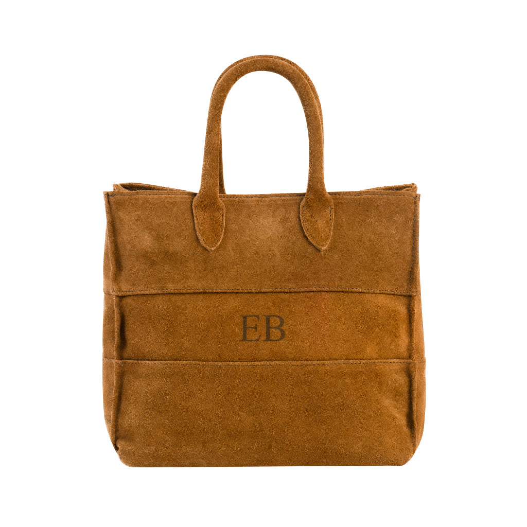 Brown suede handbag with monogram initials EB and dual handles