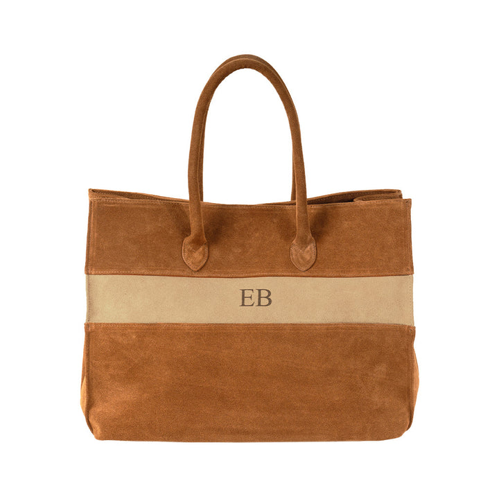 Tan suede tote bag with EB monogram and dual handles