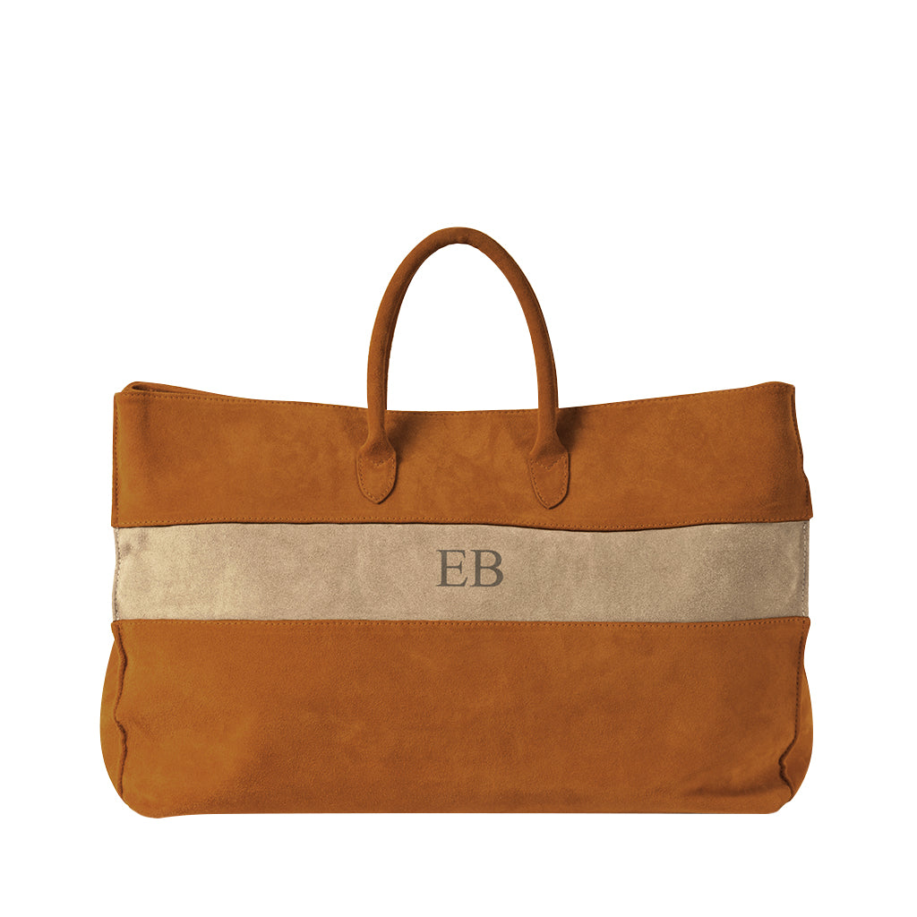 Tan suede tote bag with beige stripe and monogram EB