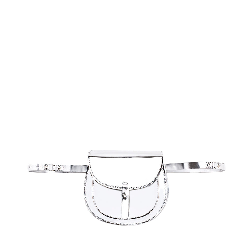 Silver waist belt with small pouch and embossed details