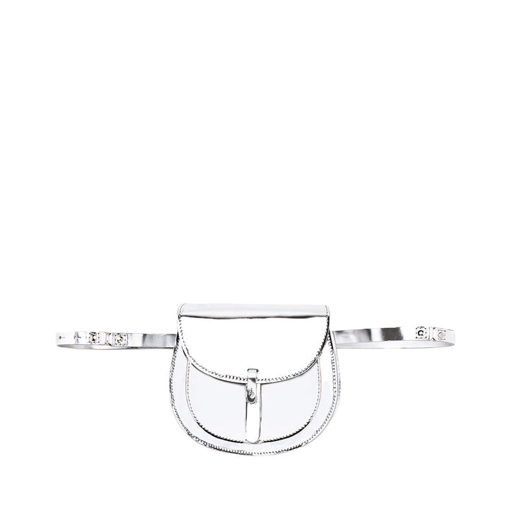Silver waist belt with small pouch and embossed details