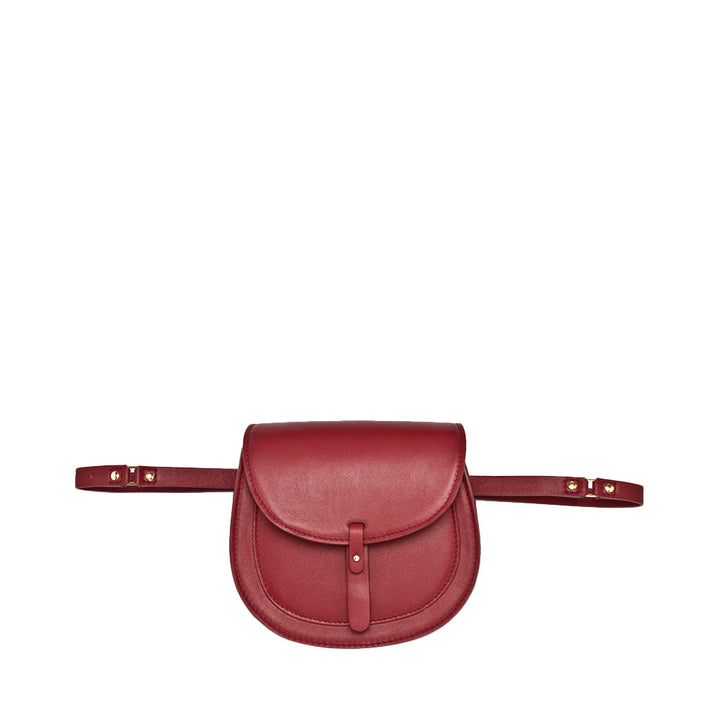Red leather belt bag with gold-tone hardware against a white background