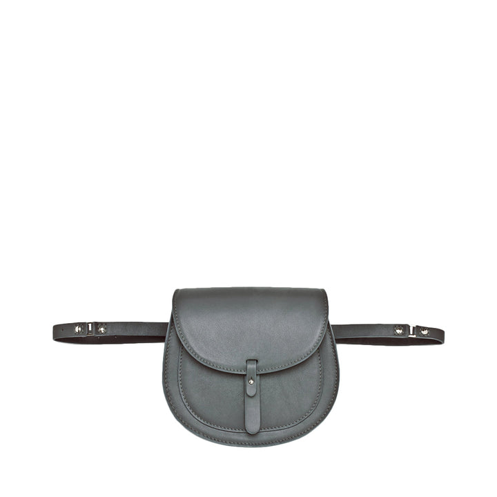 Gray leather fanny pack with adjustable strap and front flap closure