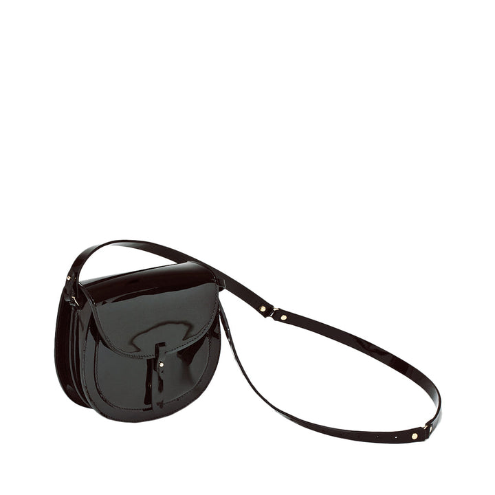Glossy black leather crossbody bag with adjustable strap and front pocket