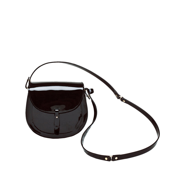 Shiny black leather crossbody bag with long adjustable strap
