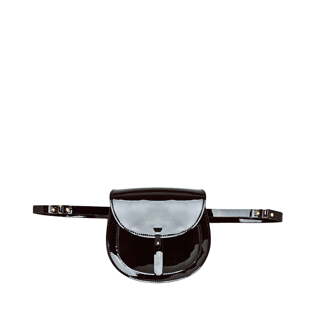 Stylish black patent leather belt bag with buckle detailing