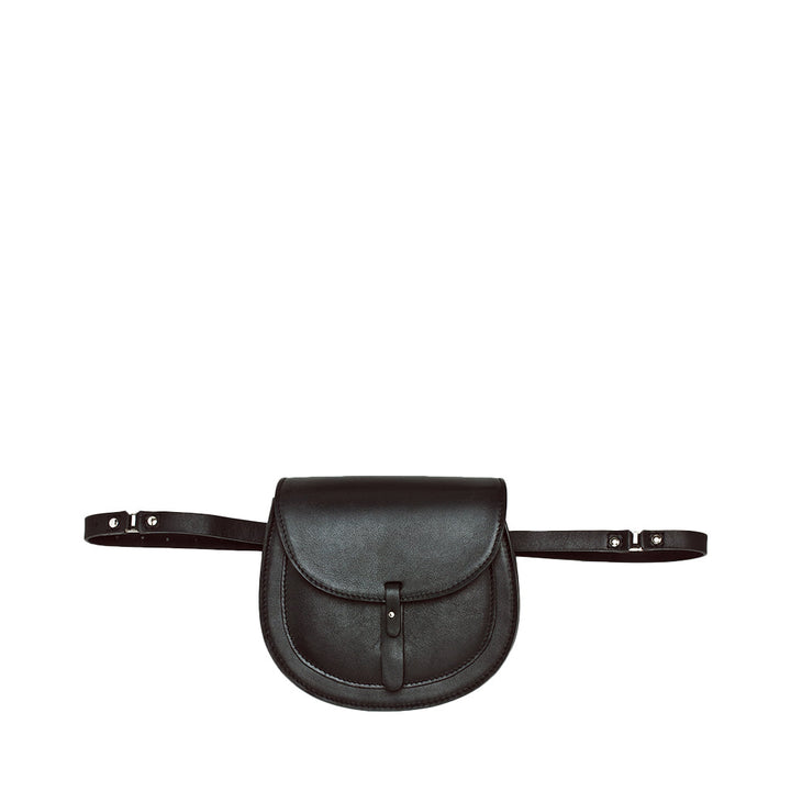 Black leather belt bag with buckles and flap closure