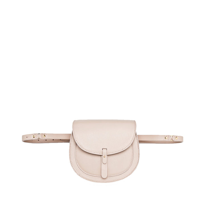 Beige leather belt bag with adjustable strap and front flap closure