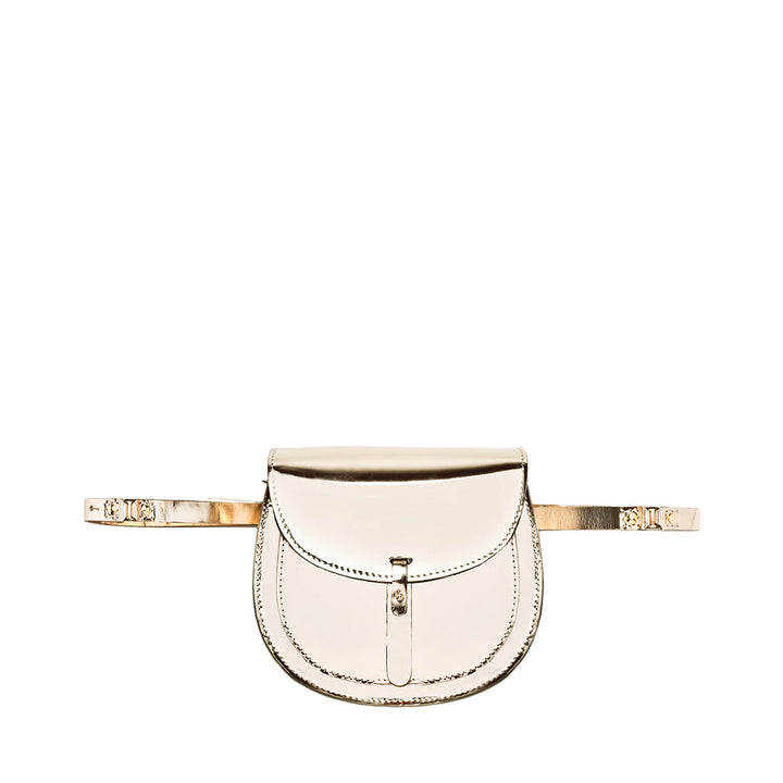 Gold leather crossbody bag with decorative stitching and front flap closure
