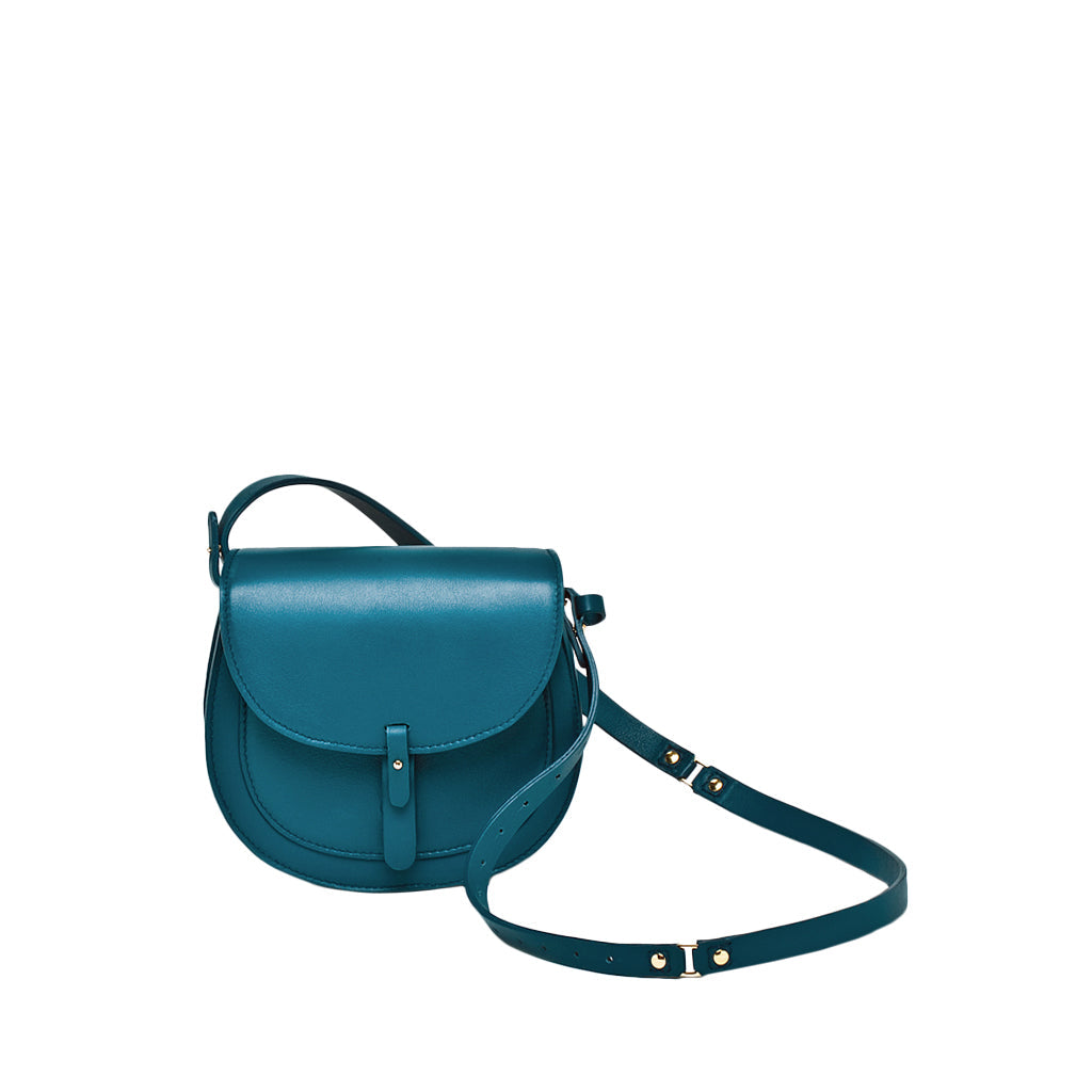 Teal leather crossbody purse with adjustable strap