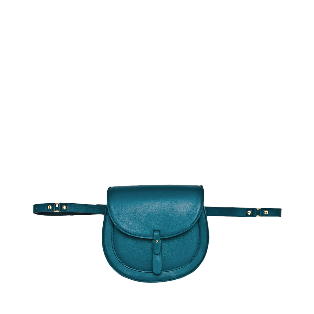 Teal leather crossbody belt bag with buckle closure