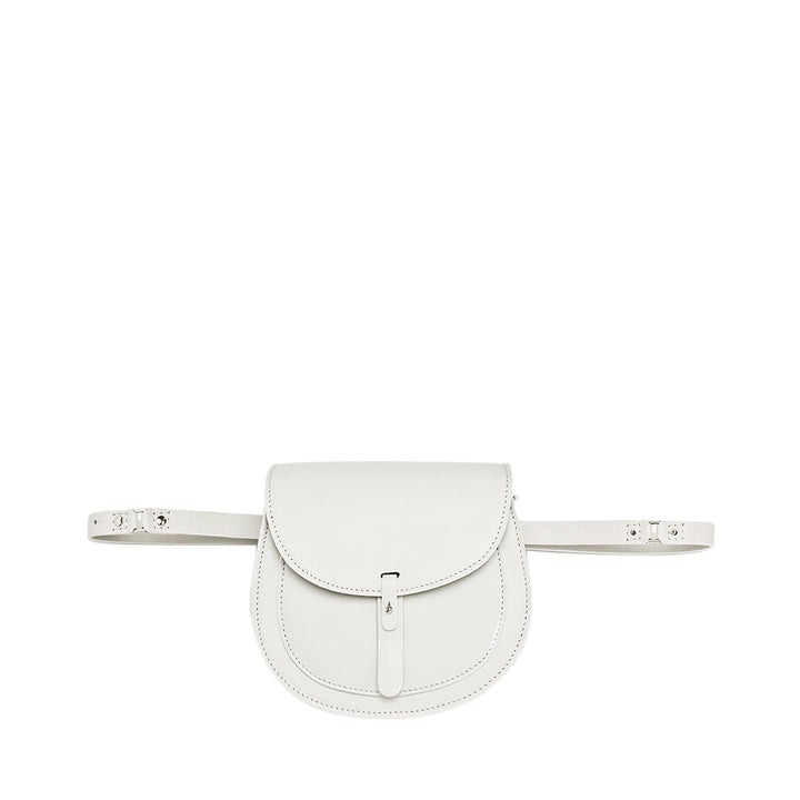 White leather belt bag with front flap and adjustable strap