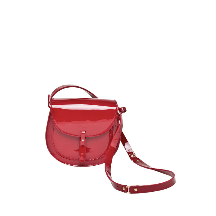 Red leather crossbody bag with adjustable strap and flap closure